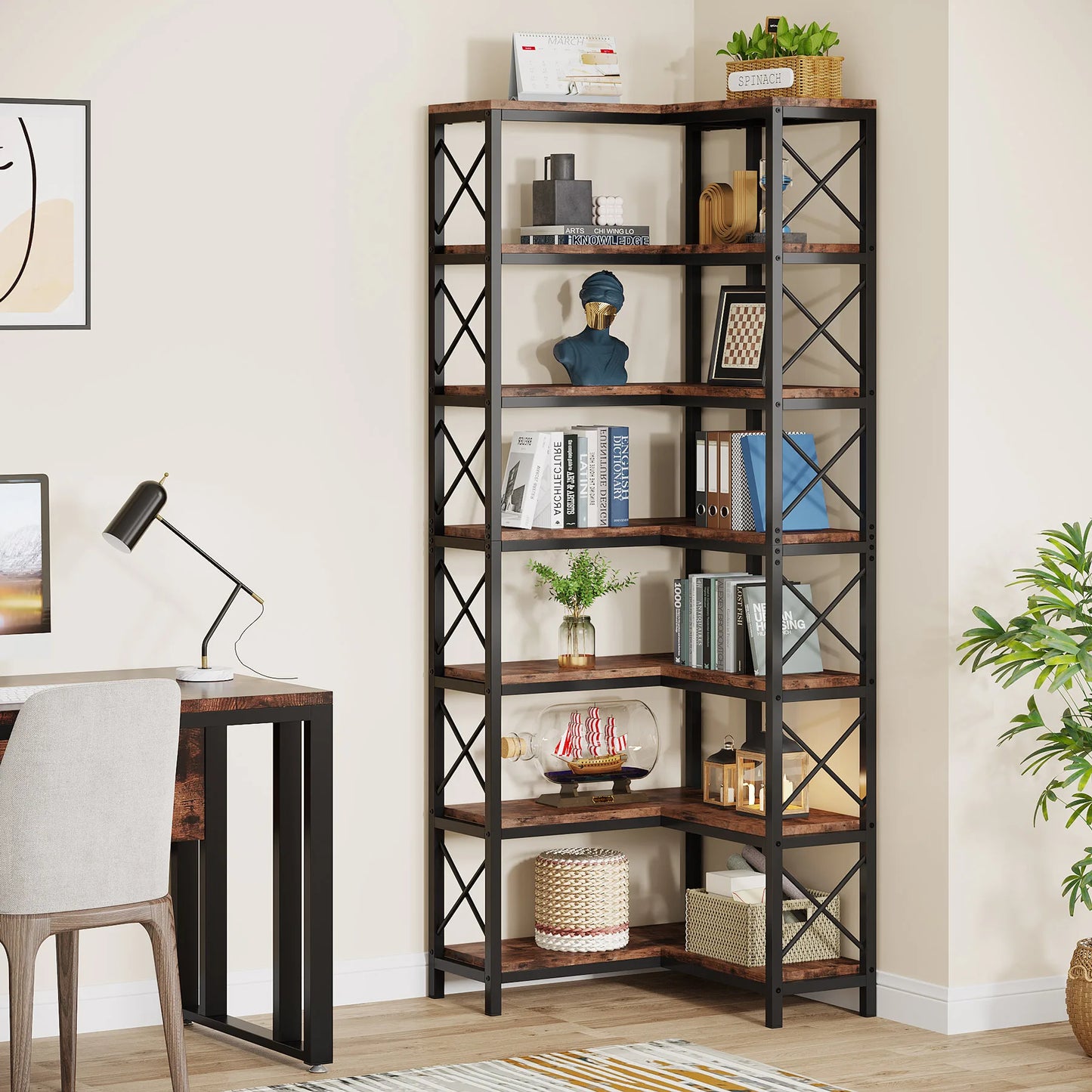 Ljustra 7-Shelf Corner Bookshelf Modern Corner Bookcase Storage Rack