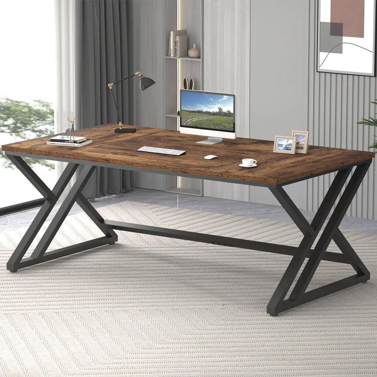 Modern Long Office Desk Large Wood Metal Computer Industrial Workstation