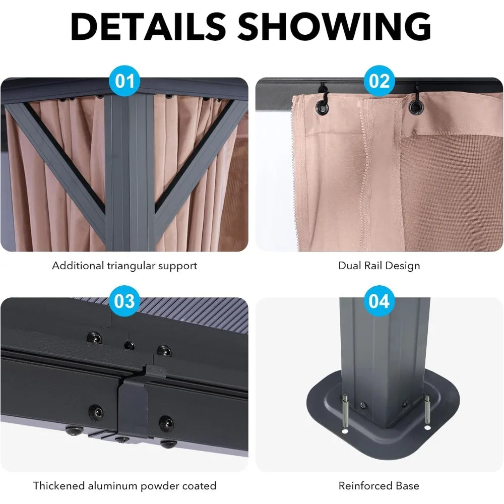 Ljustra 10X13FT Outdoor Gazebo Hardtop Canopy with Netting & Curtains