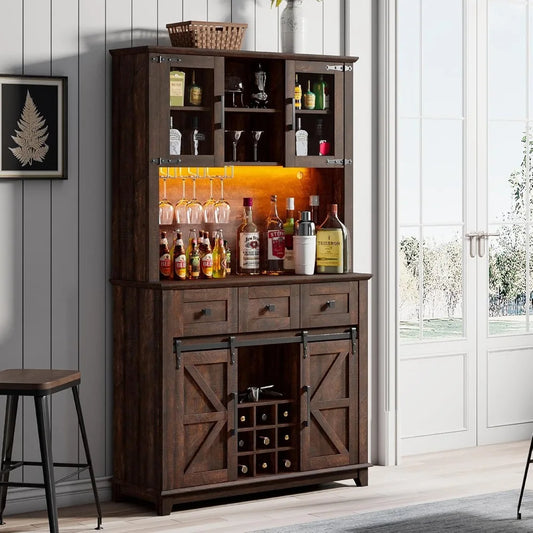 72 Inch Coffee Bar Wine Cabinet with Sliding Barn Door LED Lights
