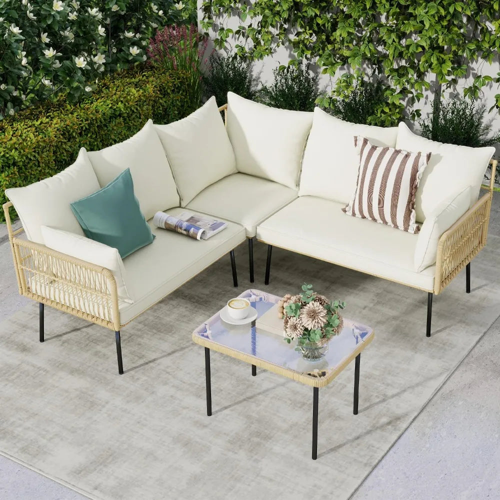 4-Piece Outdoor Wicker Patio Furniture Set with Cushions & Coffee Table – Boho L-Shaped Sectional