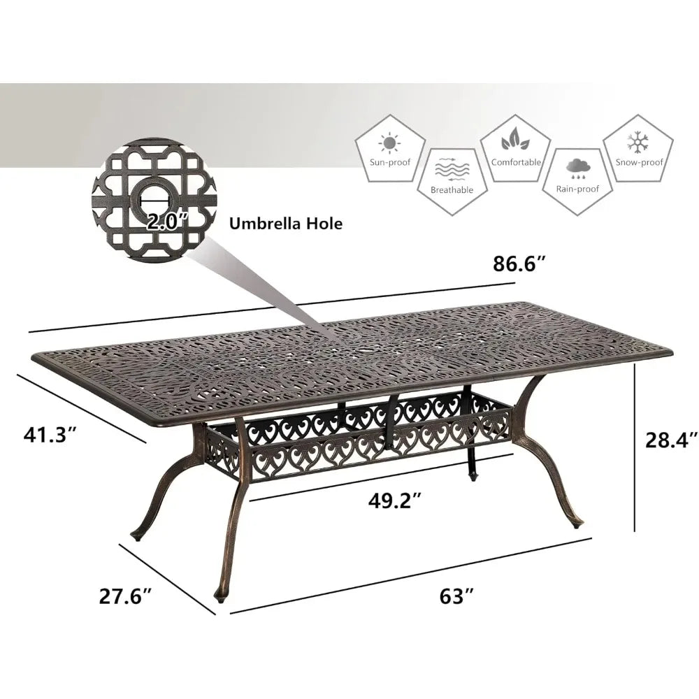 Large Rectangular Outdoor Dining Table with Umbrella Hole Weather-Resistant