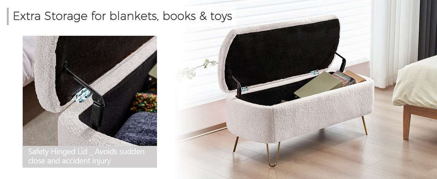 40 Inch Boucle Sherpa Ottoman Bench Storage Upholstered Gold Legs