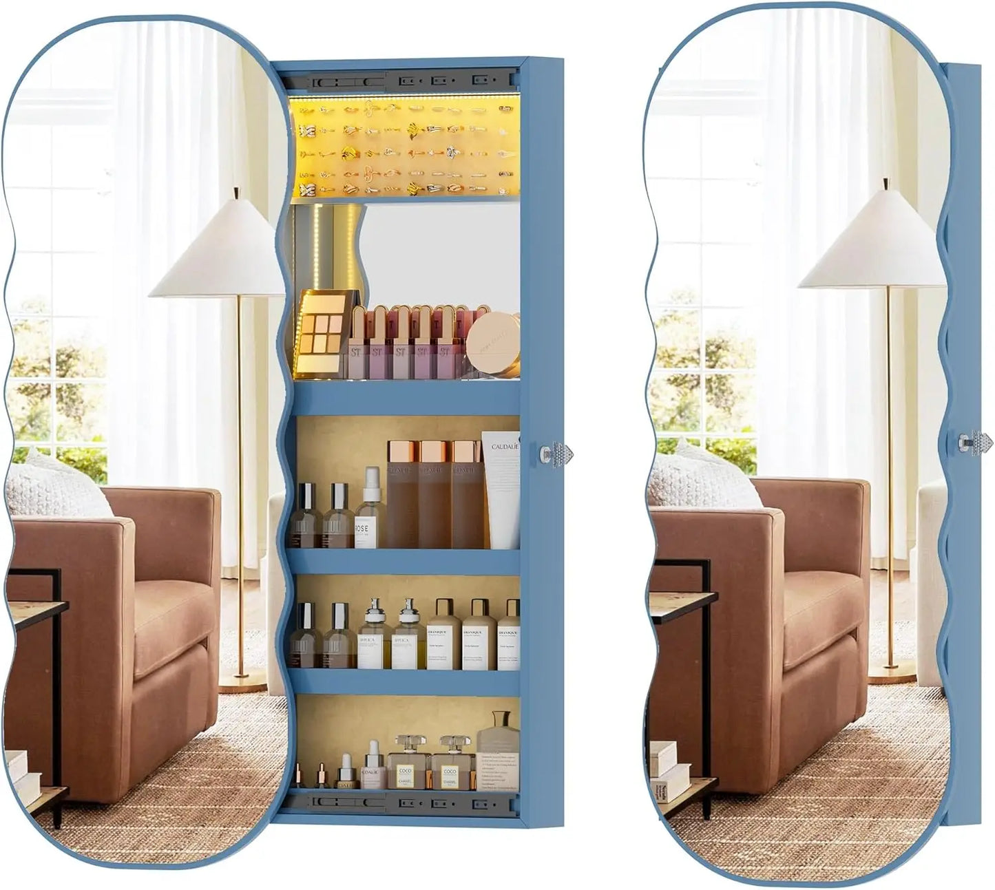 Jewelry Armoire with LED Lights Lockable Wavy Mirror Jewelry Organizer