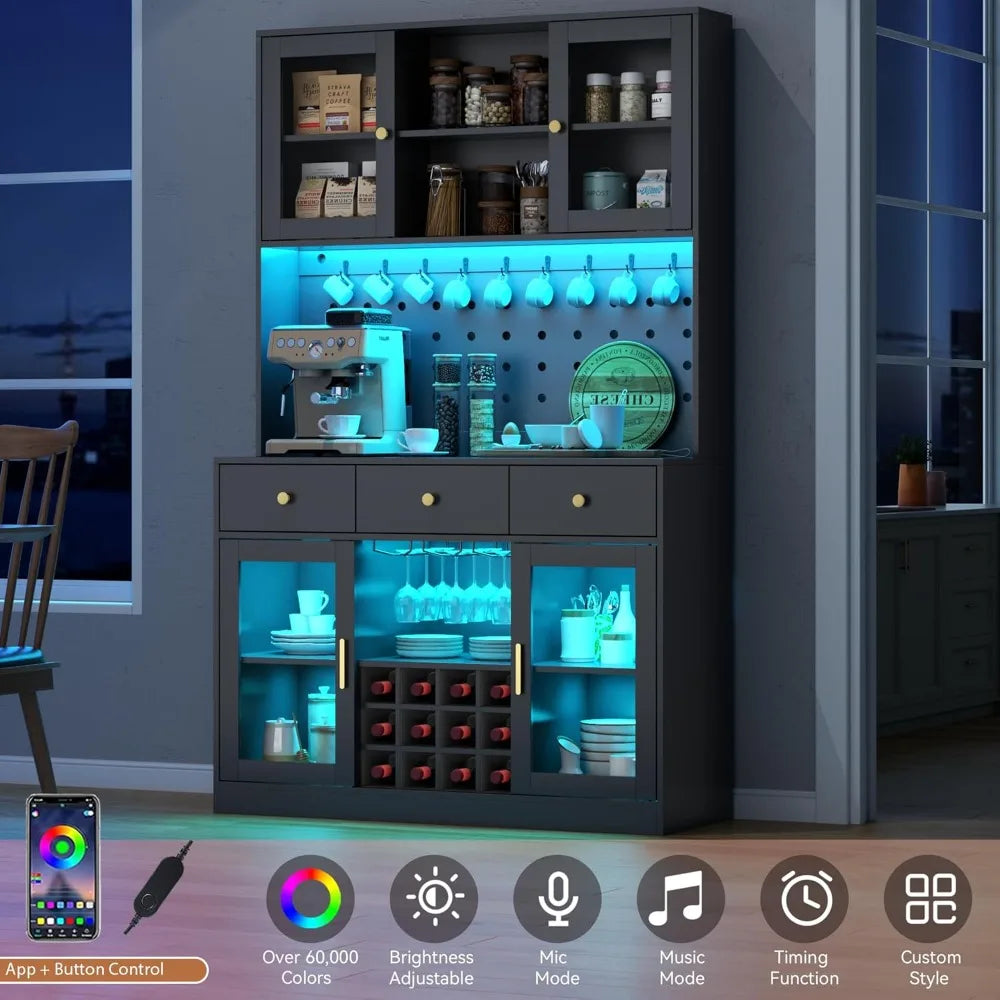 72 Inch Tall Wine Bar Cabinet with Storage Hutch and LED Lighting