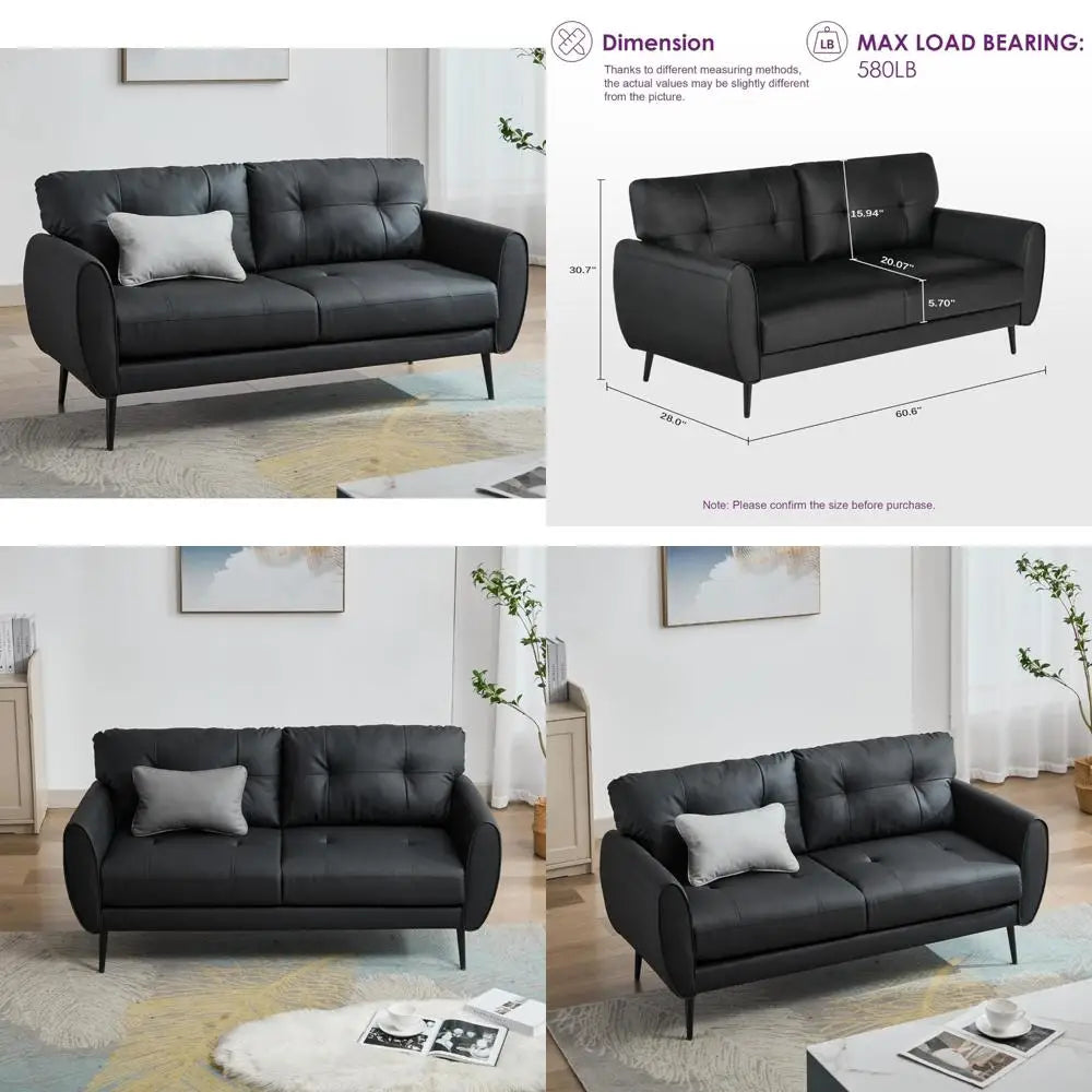 Mid Century Modern Black Faux Leather Loveseat 61 inch Small Couch