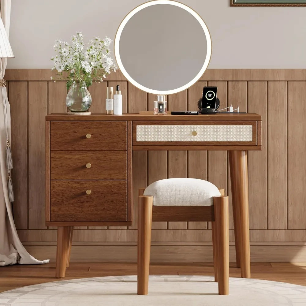 Retro Wooden Makeup Vanity Set with 4 Storage Drawers and Stool