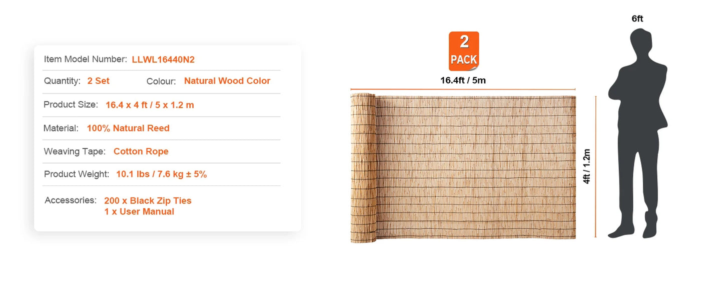 Natural Reed Fencing Roll 3.3ft x 13.3ft Outdoor Privacy Screen