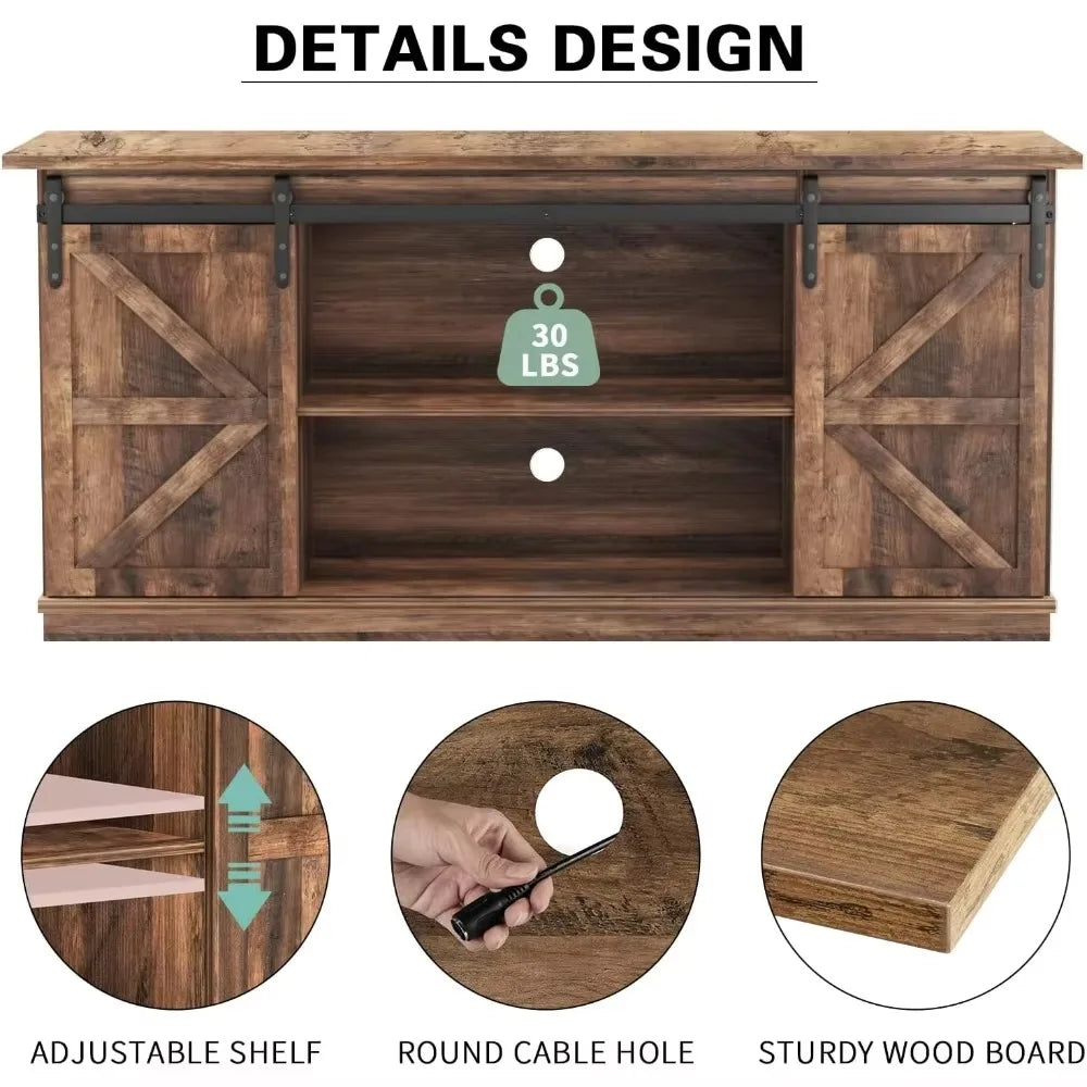 TV Stand for 65 Inch TVs with Sliding Barn Doors and Storage Cabinets