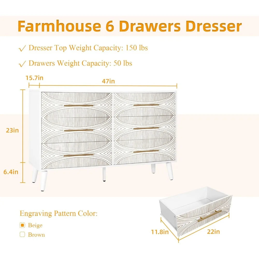 White Dresser for Bedroom Storage 6 Drawers Modern Chest of Drawers