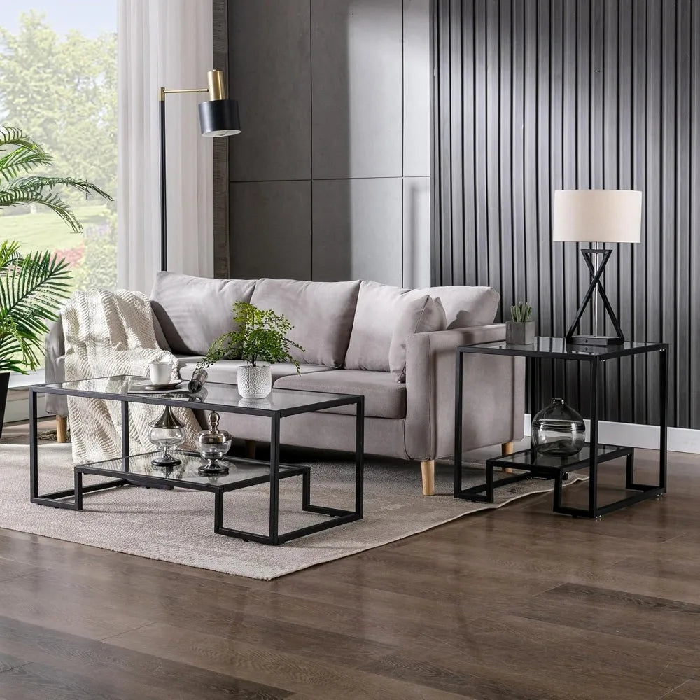 Modern Glass Coffee Table Set with 2 End Tables for Living Room
