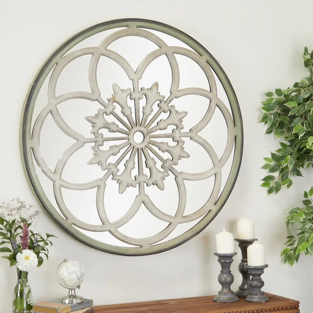 Vintage Floral Wall Mirror 40 Inch Round Fretwork Fleur-de-lis Design