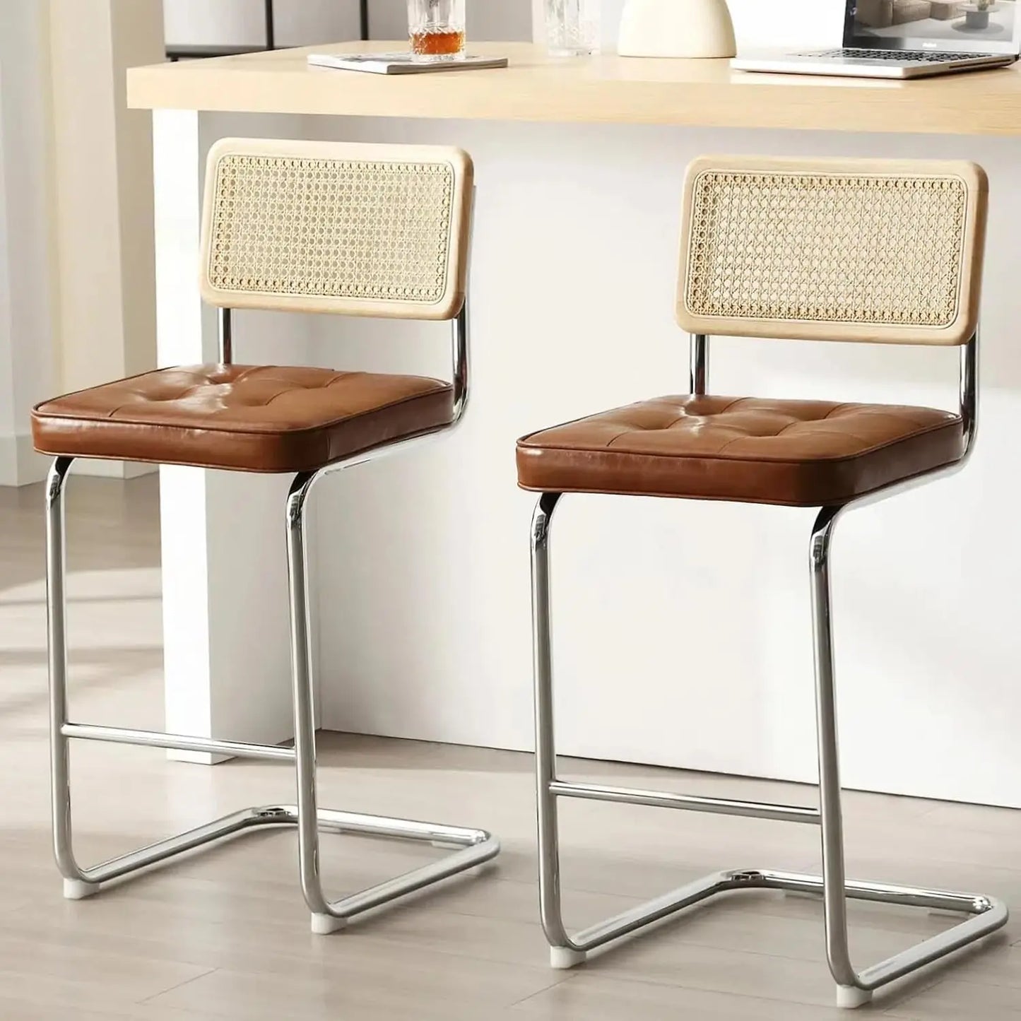Natural Rattan Bar Stools Set of 2 Modern Boho Velvet Counter Chairs
