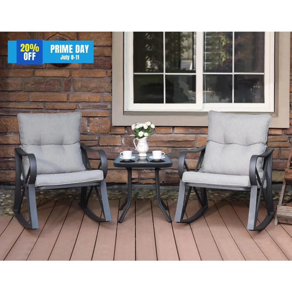3 Piece Bistro Set Patio Rocking Chairs Glass-Top Table Outdoor Furniture