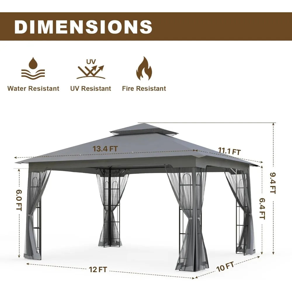 10x12 Outdoor Gazebo Tent with Netting Double Roof Patio Pavilion