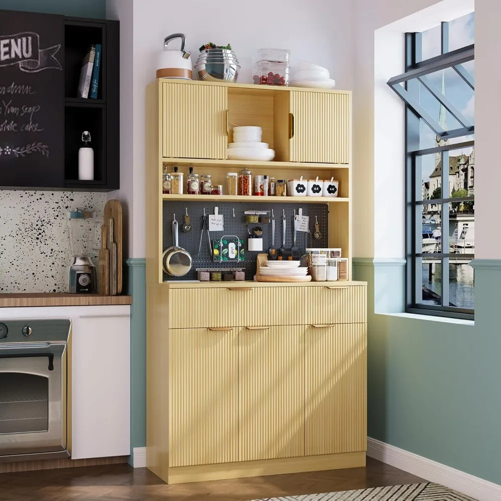 Kitchen Pantry Cabinet with Countertop Power Outlet Adjustable Shelves