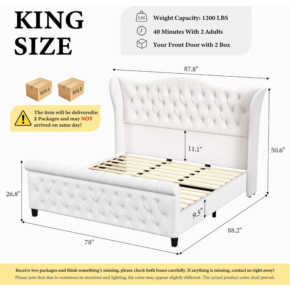 King Size Chenille Upholstered Sleigh Bed Frame with Wingback Headboard