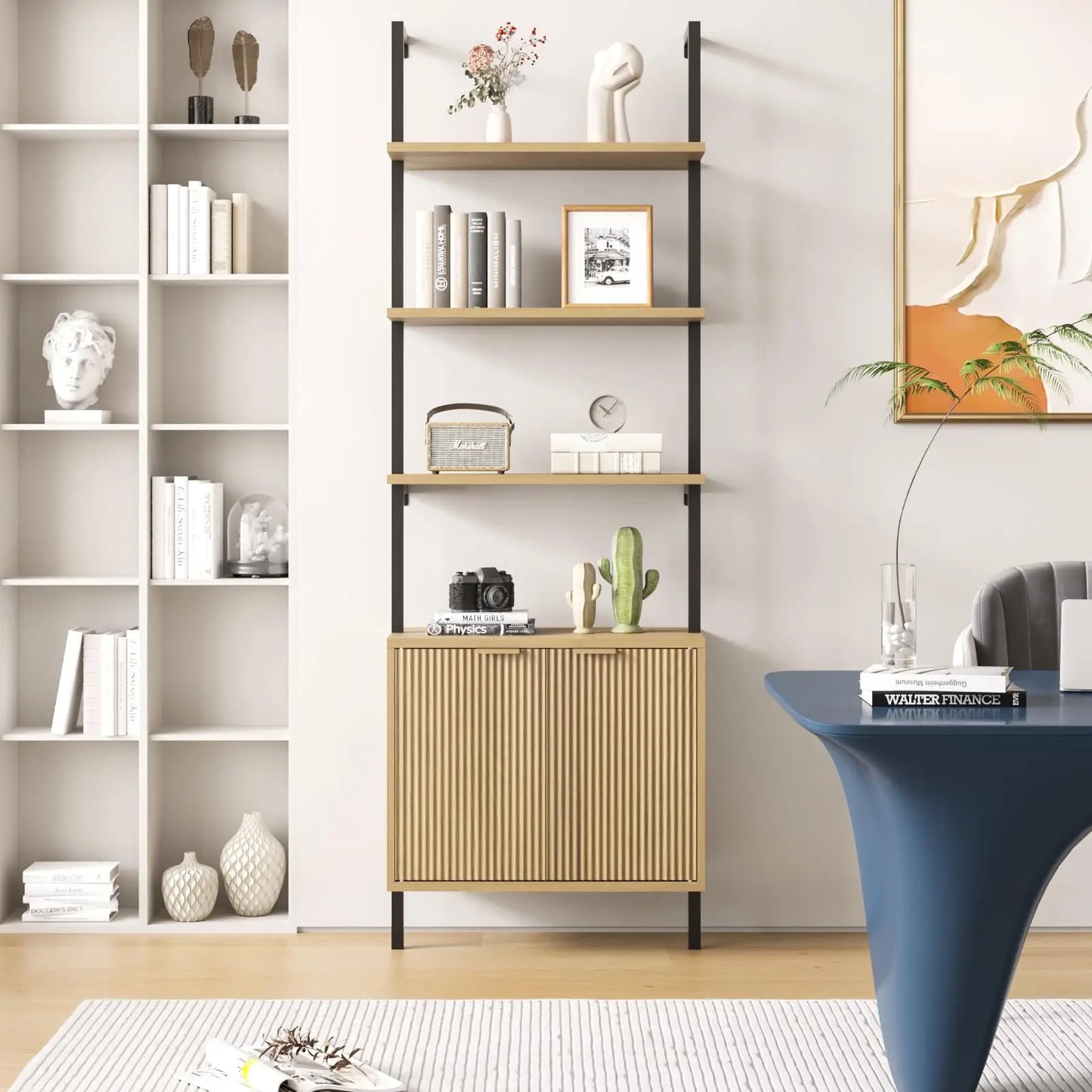 Ladder Bookshelf Storage Cabinet 71'' Tall Wall Mount Bookcase Metal Frame