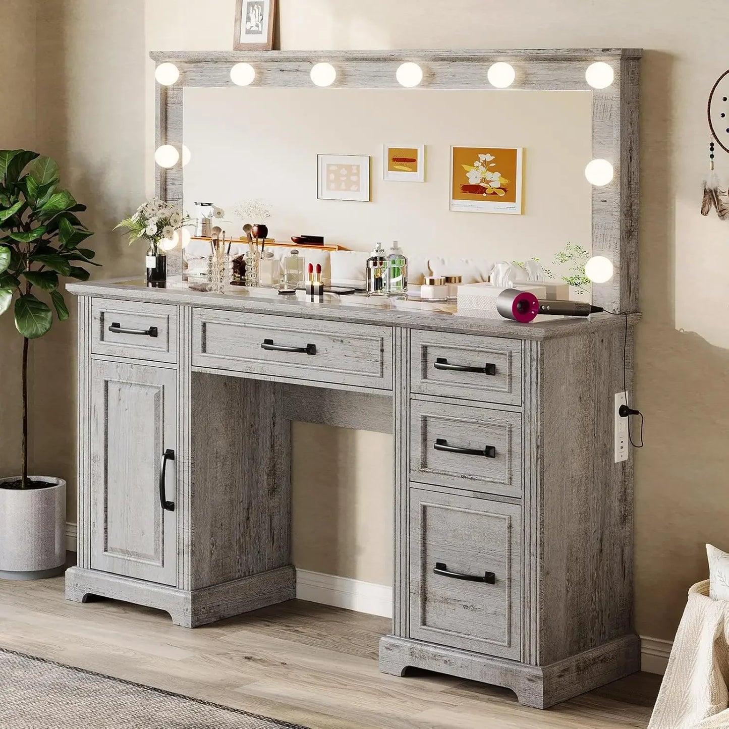 55 Inch Farmhouse Vanity Desk with Mirror Lights Charging Station 5 Drawers