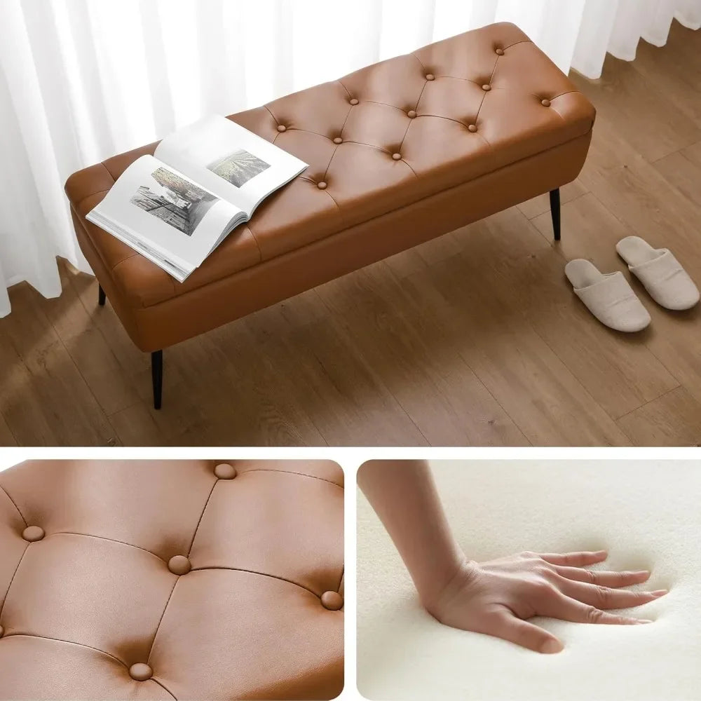 Leather Storage Ottoman Bench Mid-Century Modern Style Living Room Bedroom