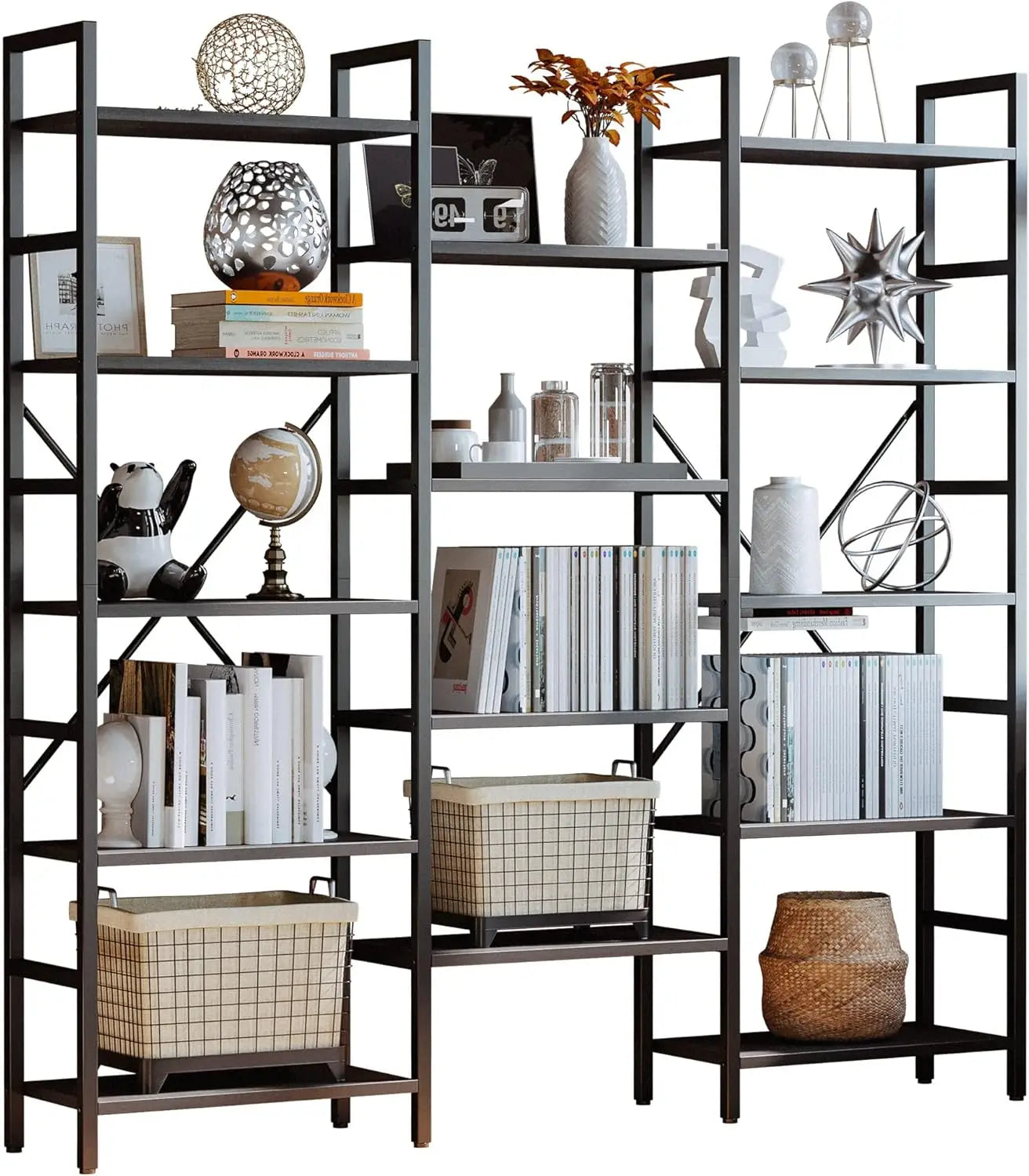 Triple Wide Industrial Bookshelf 5 Tiers Large Open Display Shelf