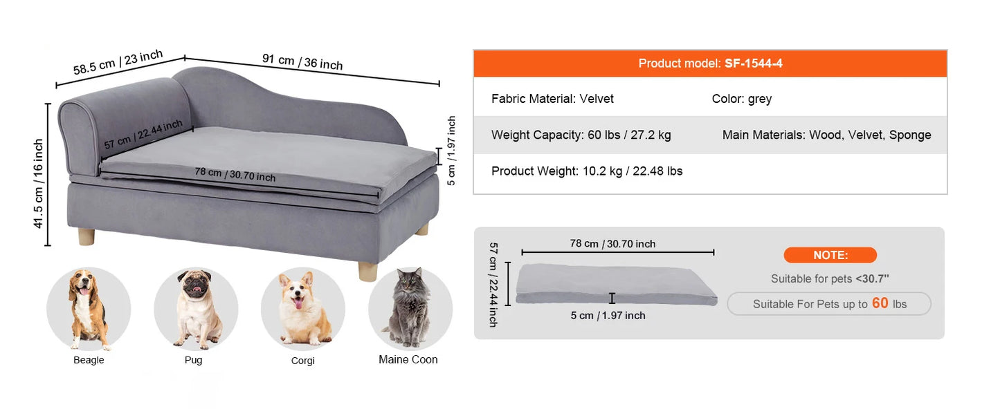 Ljustra Luxury Pet Sofa Bed for Medium Dogs and Cats Soft Velvet Couch