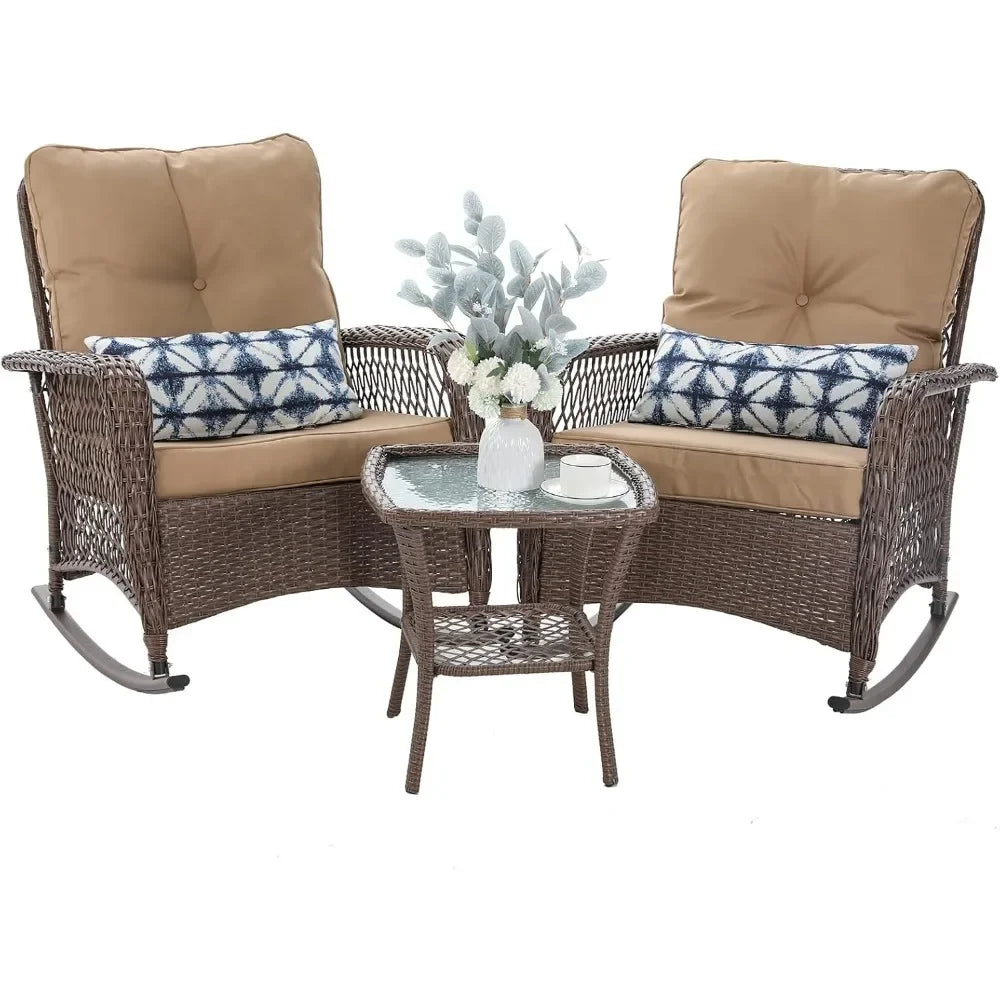 Ljustra 3 Piece Patio Furniture Set Wicker Rocking Chairs Coffee Table