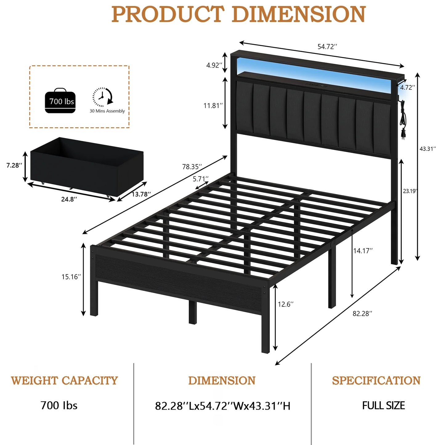 Ljustra Full Bed Frame with Charging Station LED Lights and Storage