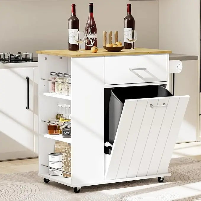 Rolling Kitchen Island on Wheels with Trash Can Storage and Spice Rack