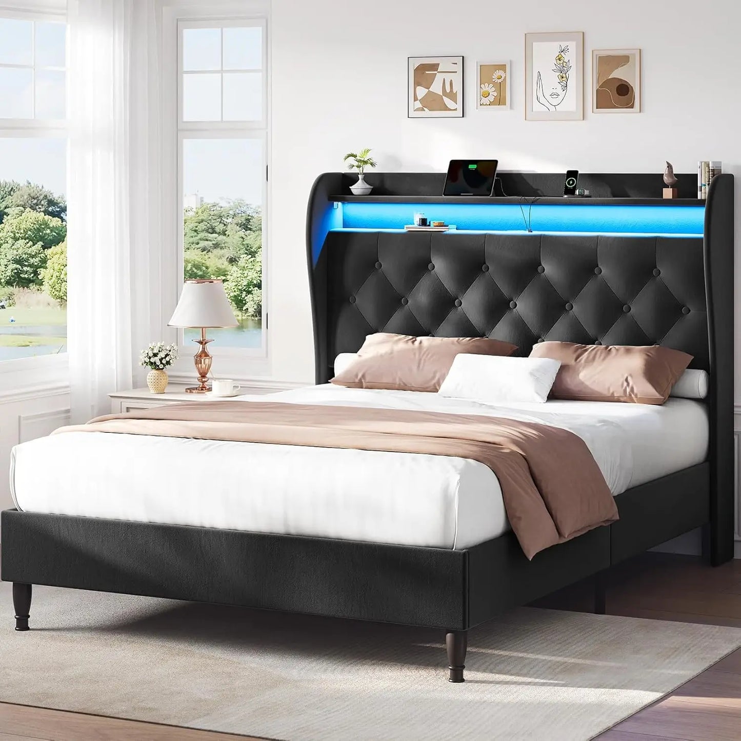 55.3 Inch Corduroy Upholstered Platform Bed Frame with LED USB Charging