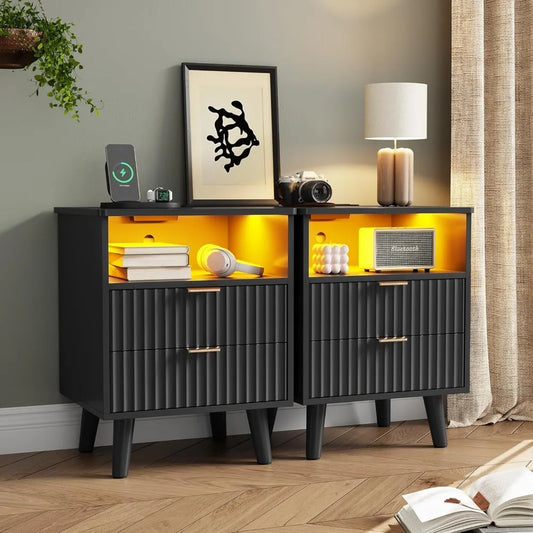 Fluted Nightstand Set of 2 with Charging Station Modern Bedside Table