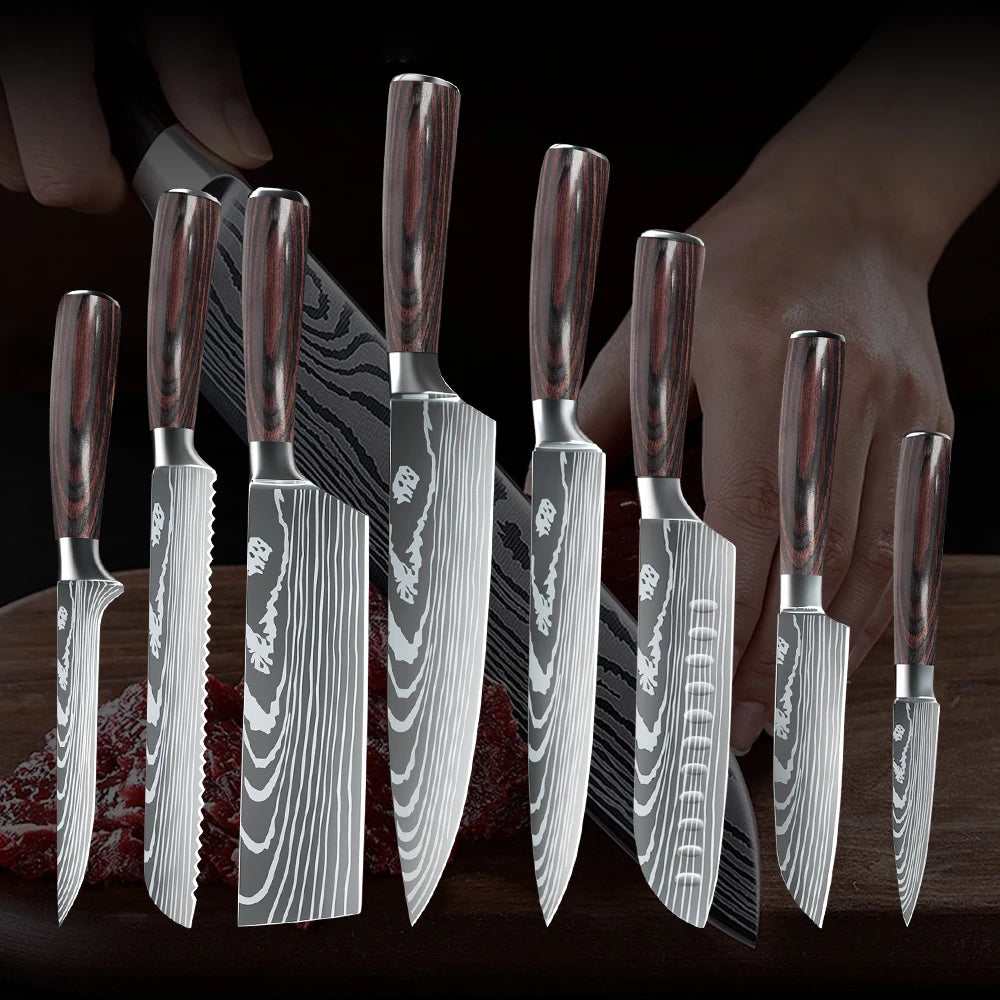 8PCS Stainless Steel Kitchen Knife Set Chef Cleaver Damascus Pattern