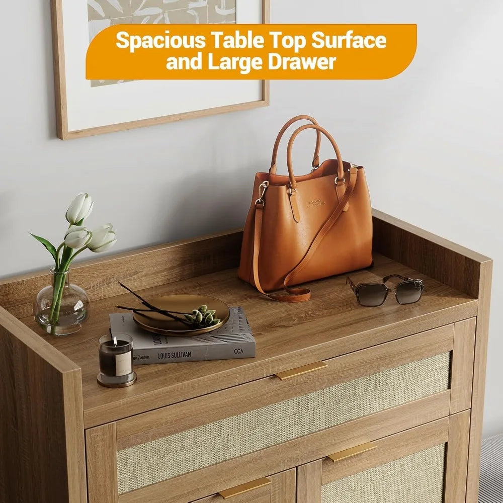 Farmhouse Rattan Shoe Cabinet 32.4” Boho Style Organizer Storage