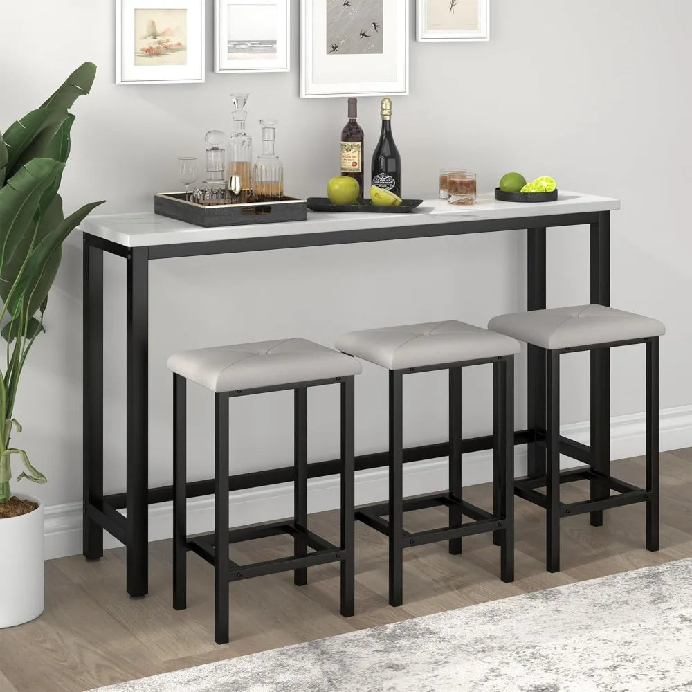 Bar Table Set for 3 Faux Marble Rectangular Dining Set with Stools