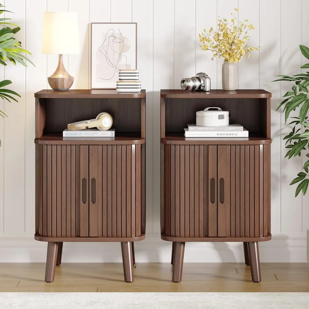 Fluted End Table Set of 2 Mid Century Modern Nightstand with Door
