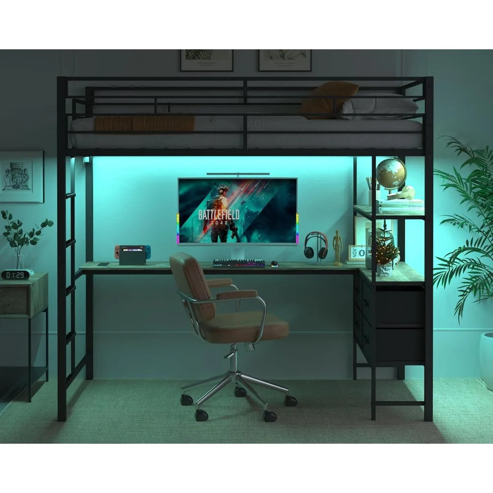 Ljustra Twin Metal Loft Bed Frame with Desk and Charging Stations