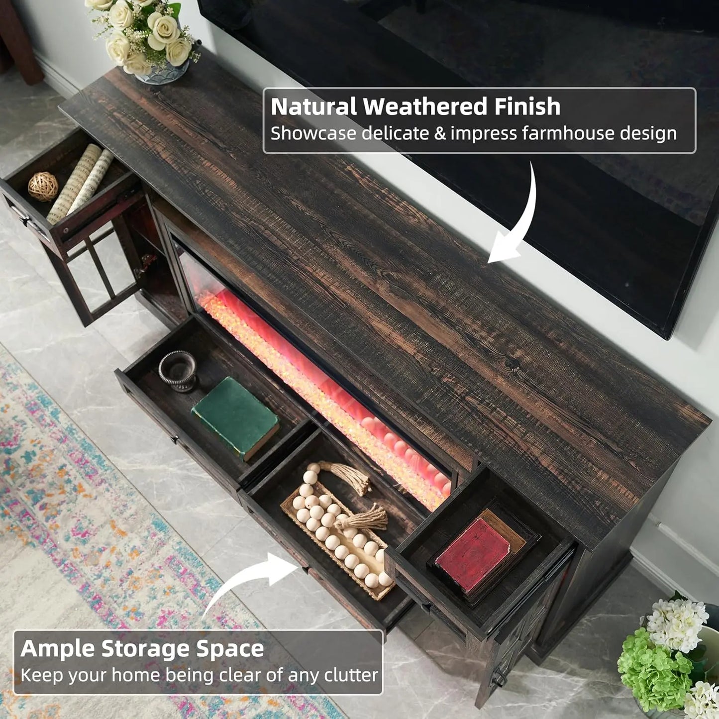 Fireplace TV Stand for 80 Inch TV Farmhouse Entertainment Center LED Lights