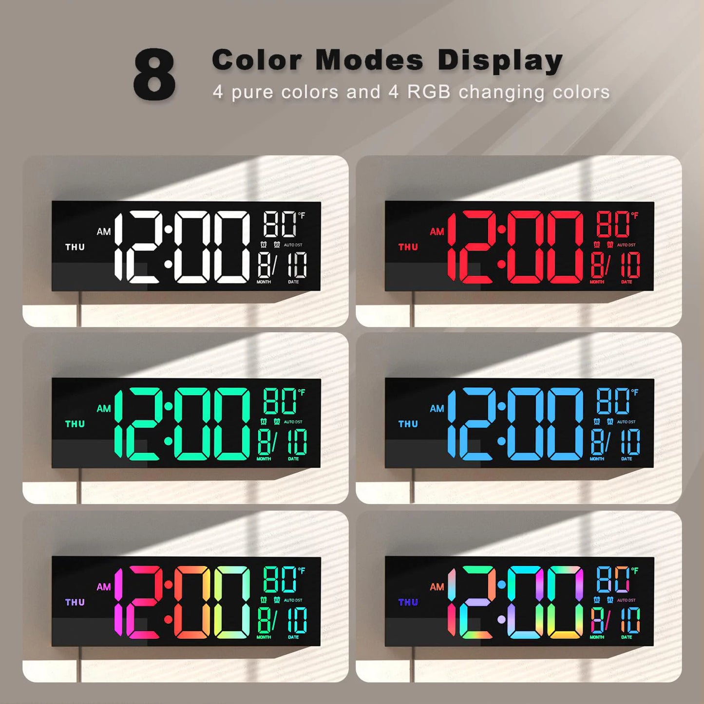 Large Digital Wall Clock with Remote RGB Display Alarm Temperature