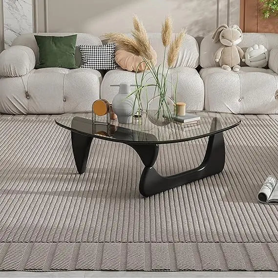 Triangular Glass Coffee Table with Wooden Base Mid-Century Modern Style