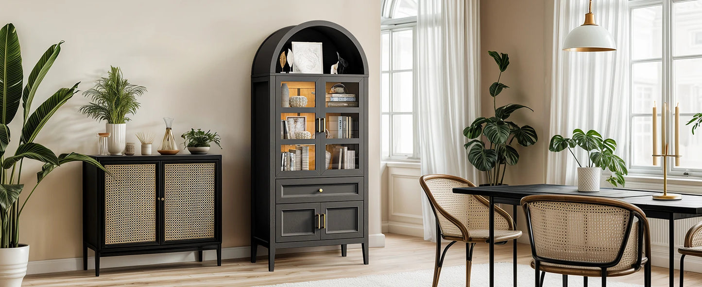 Modern Arched Cabinet with Glass Doors Auto Sensor LED Lights