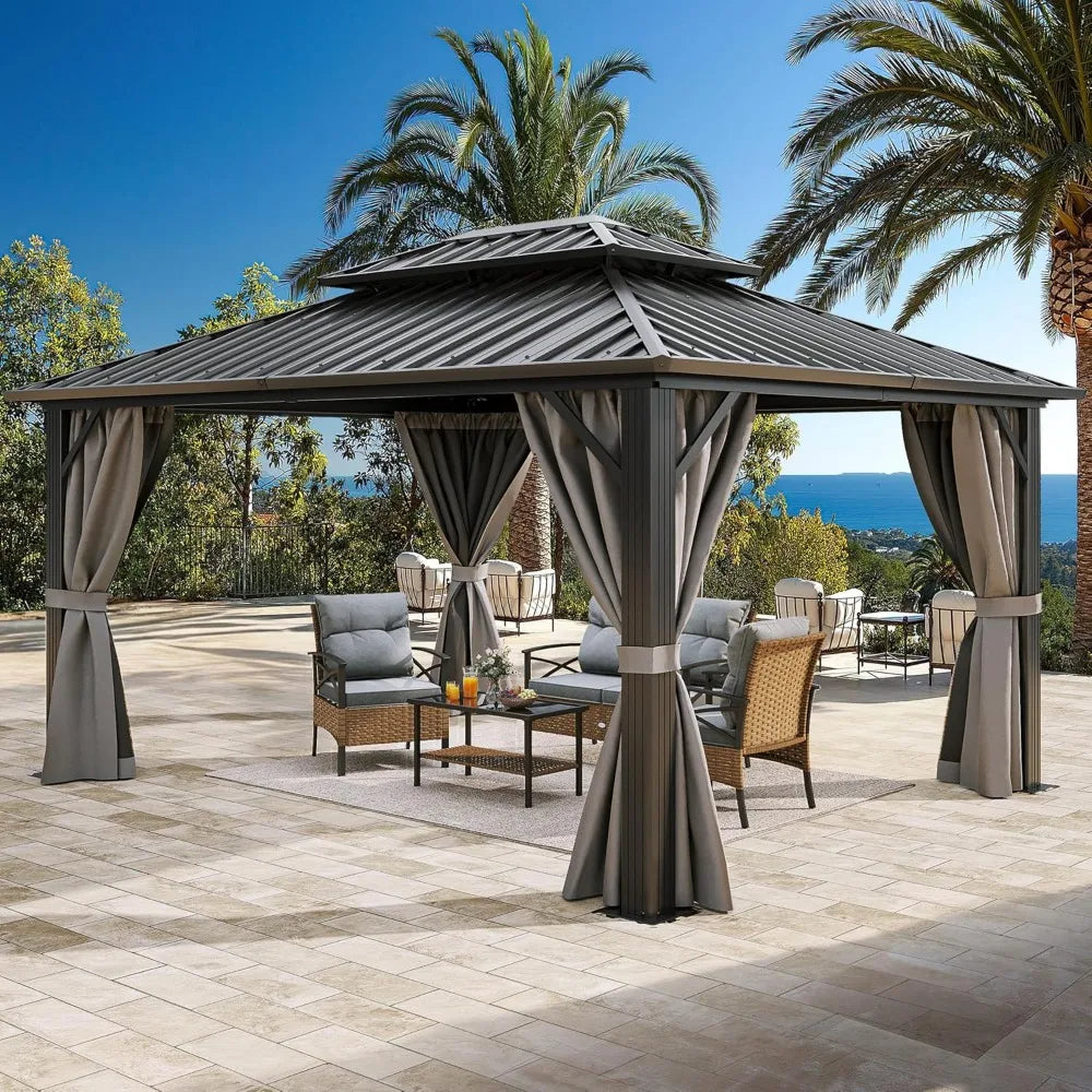 10x12ft Hardtop Gazebo Heavy Duty Outdoor Canopy with Curtains and Netting