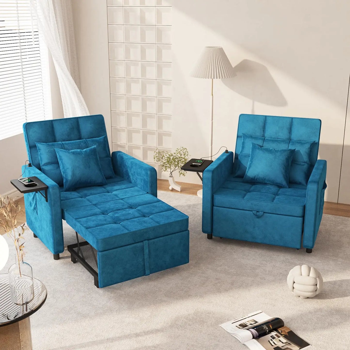 Ljustra Velvet Chaise Lounge Chair with USB Ports 3-in-1 Sofa Bed