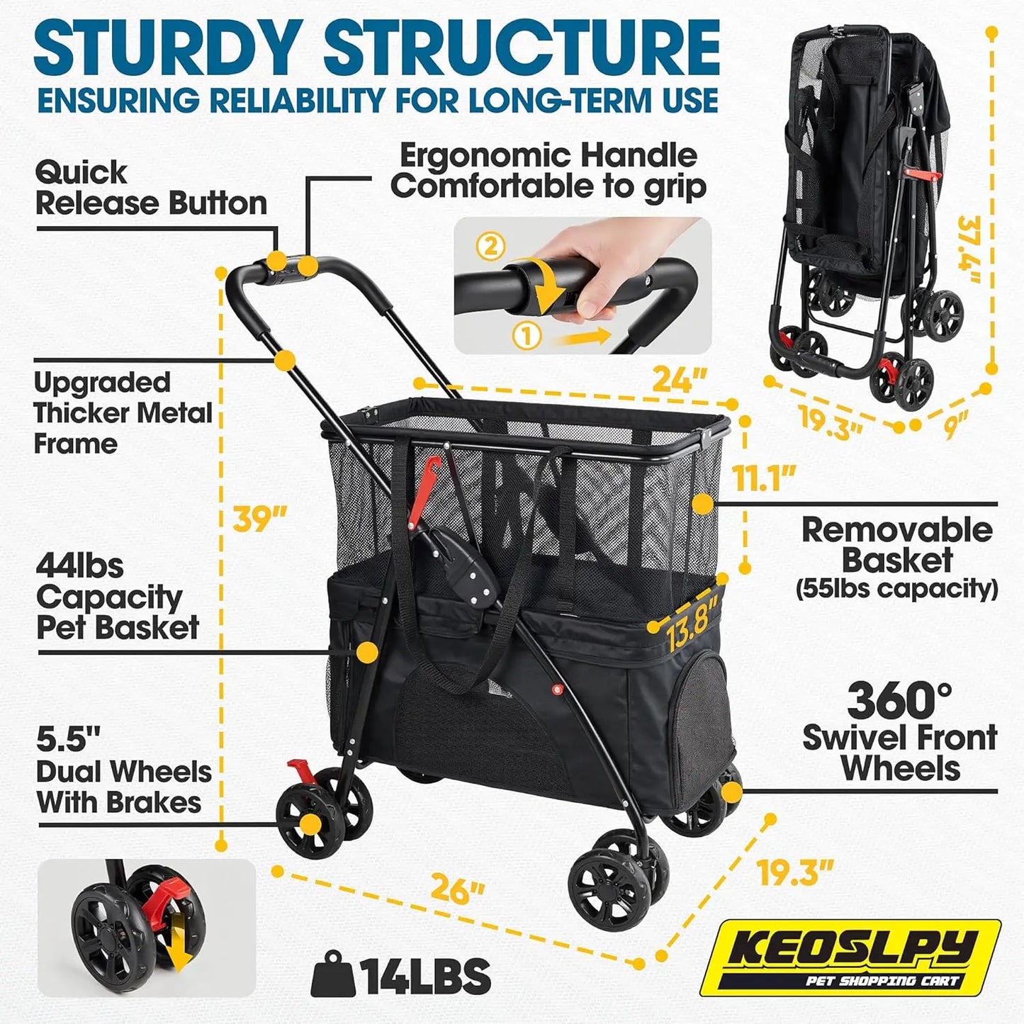 Ljustra 2-in-1 Folding Shopping Cart Pet Stroller Heavy Duty 99 LB