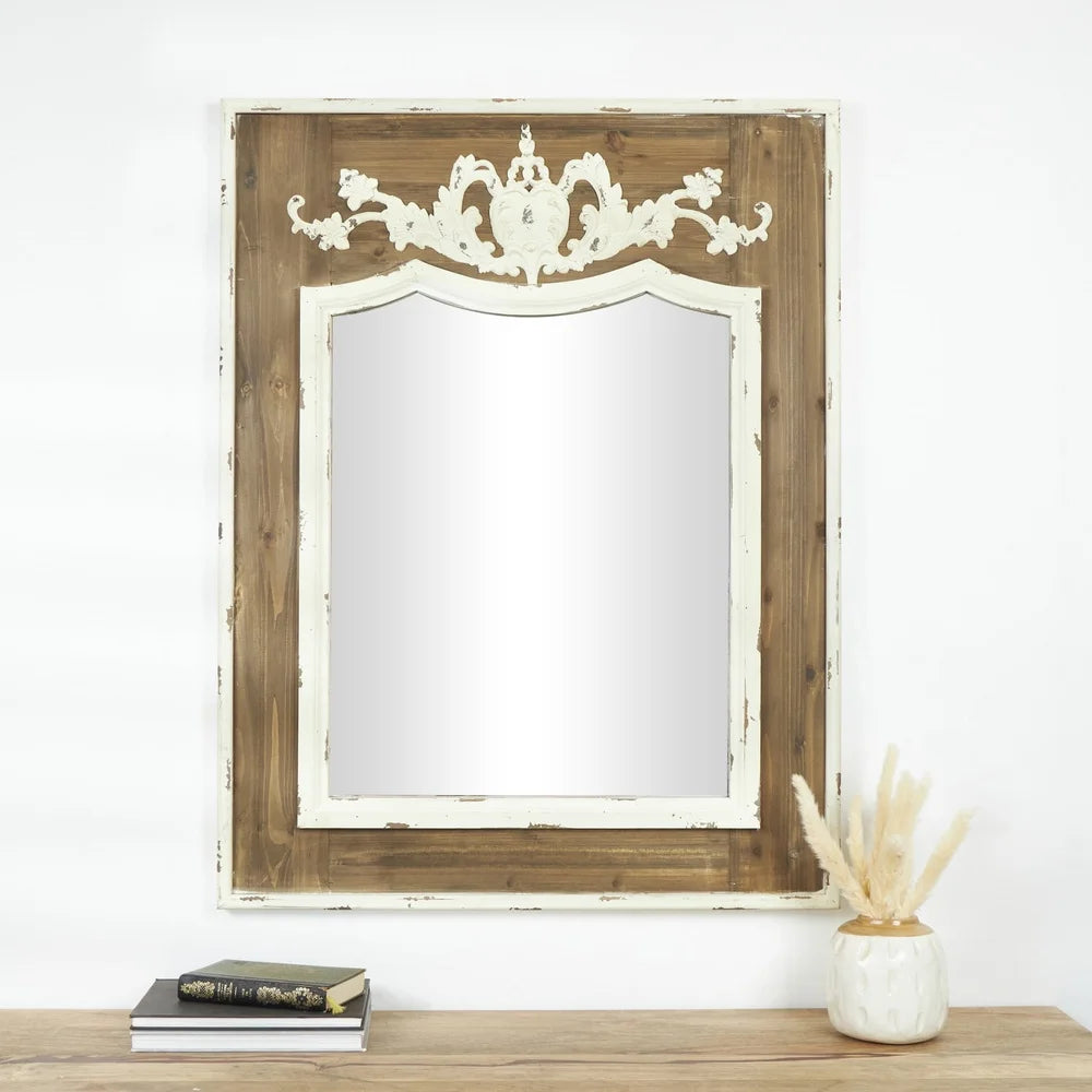 Brown Carved Floral Wall Mirror Rustic Home Decor Accent Piece 33x43