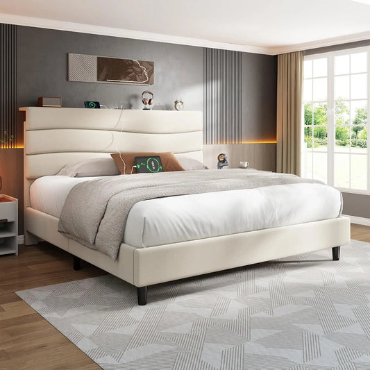 Queen Bed Frame Upholstered Headboard Storage Charging Station Easy Assembly