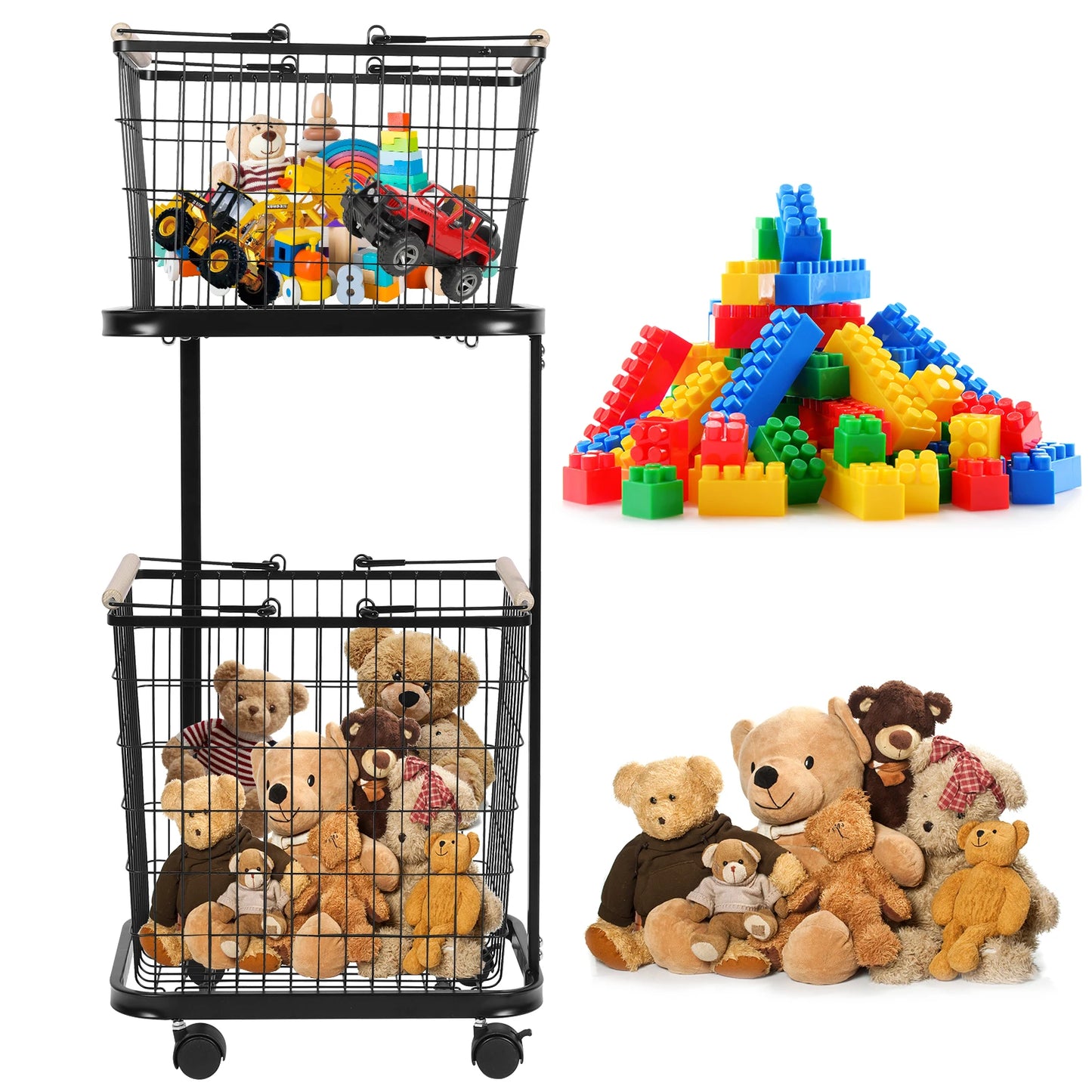 2 Tier Rolling Laundry Basket with Wheels Metal Storage Cart Hamper