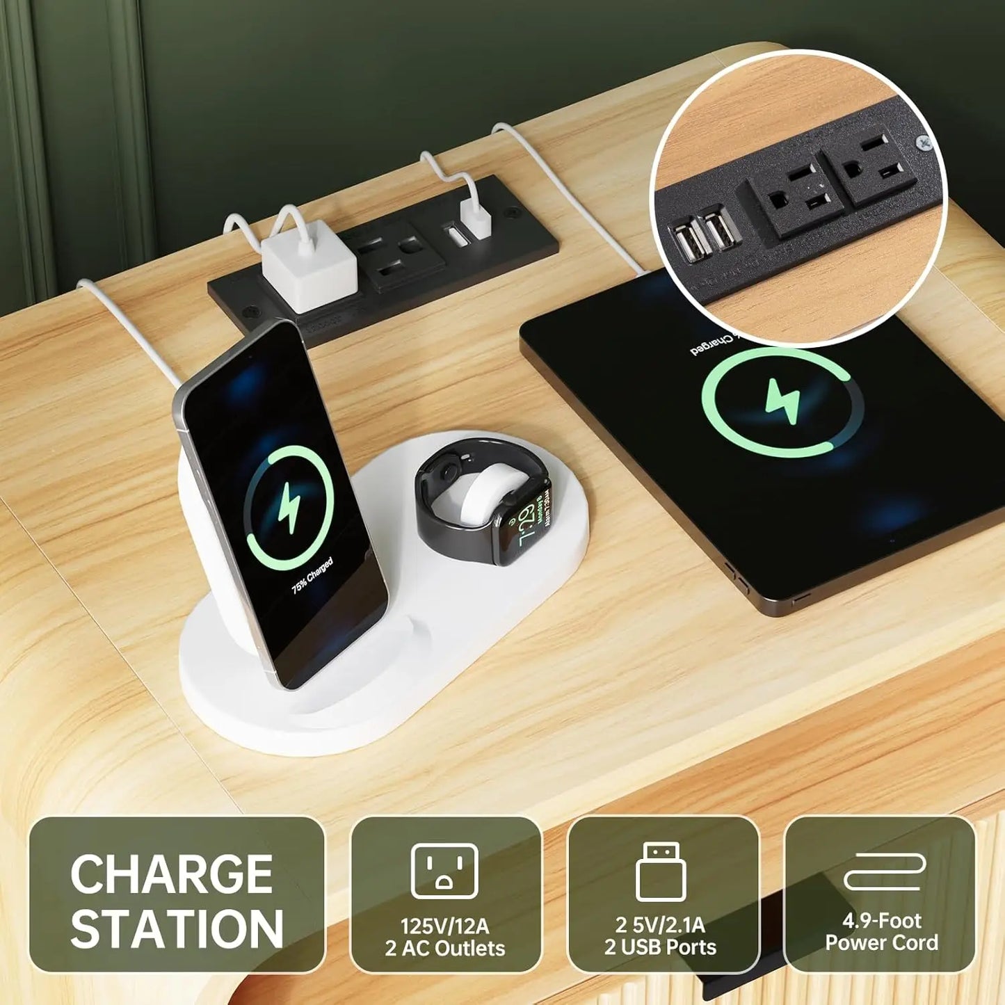 24 Inch Fluted Nightstand with Charging Station and 2 Drawers