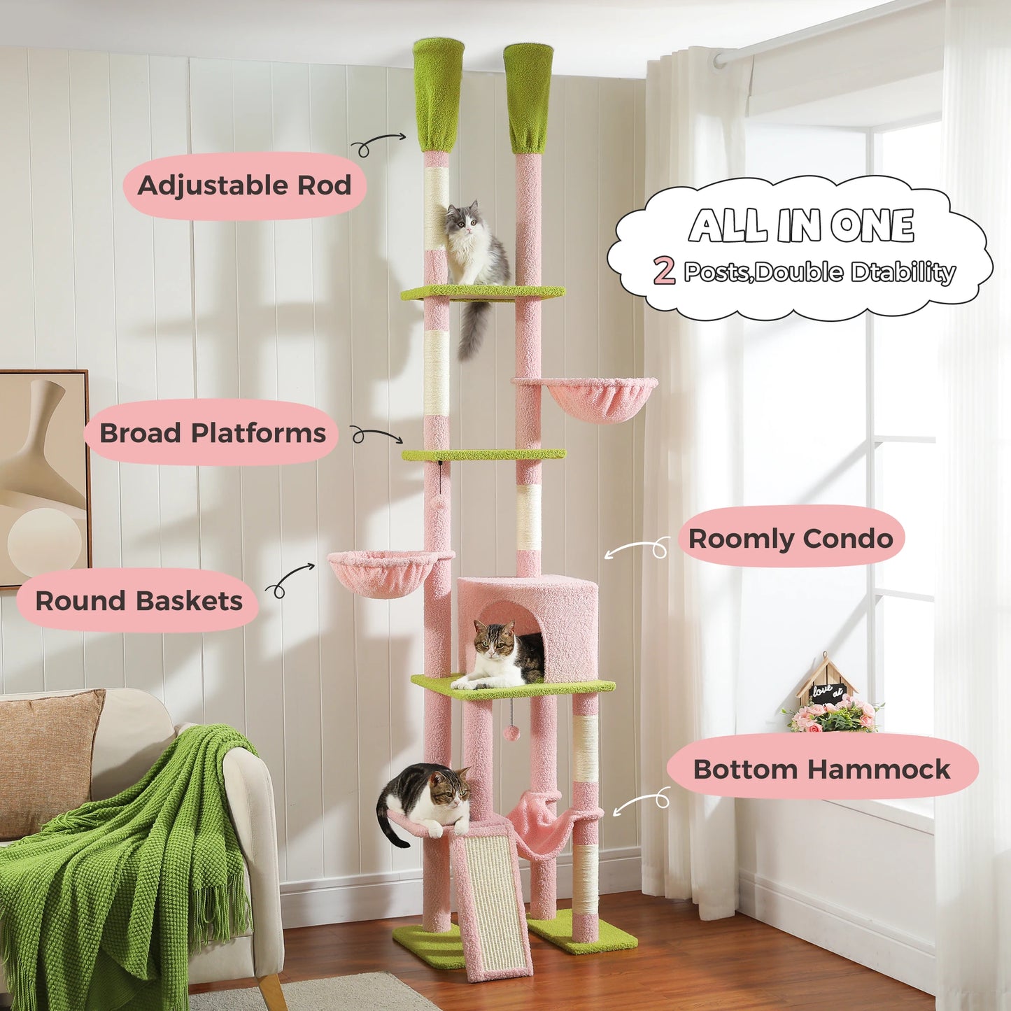 Cactus Cat Tree Floor to Ceiling 7 Tiers Adjustable Height 216-285CM