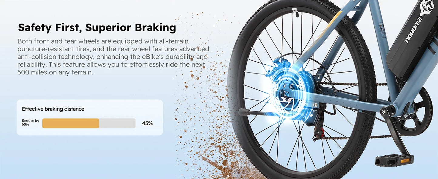 26" Electric Bike 500W Motor 375Wh Battery 20MPH 7-Speed Gears