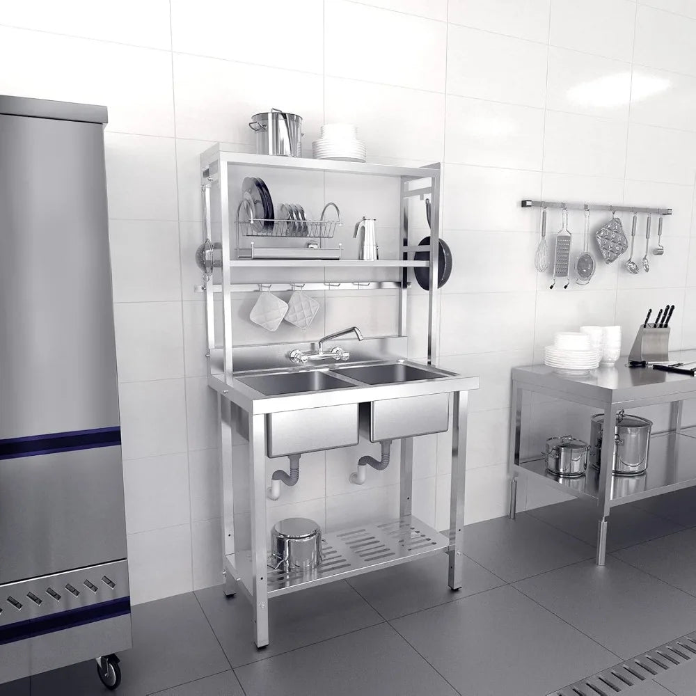 67 Inch Commercial Sink Double Basin Stainless Steel with Shelves